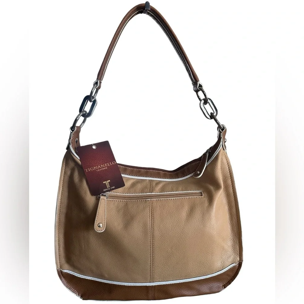 Tignanello Two-Tone Tan & Brown Leather Shoulder Bag White Ribbed Details New!